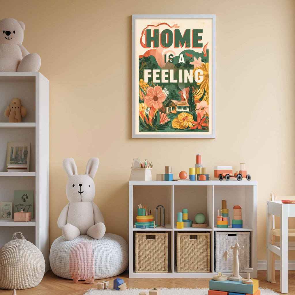 A child's bedroom with a large poster on the wall that says "HOME IS A FEELING". The room is filled with various toys, including stuffed animals, building blocks, and a toy train. The overall color scheme of the room is predominantly white and beige, creating a warm and inviting atmosphere.