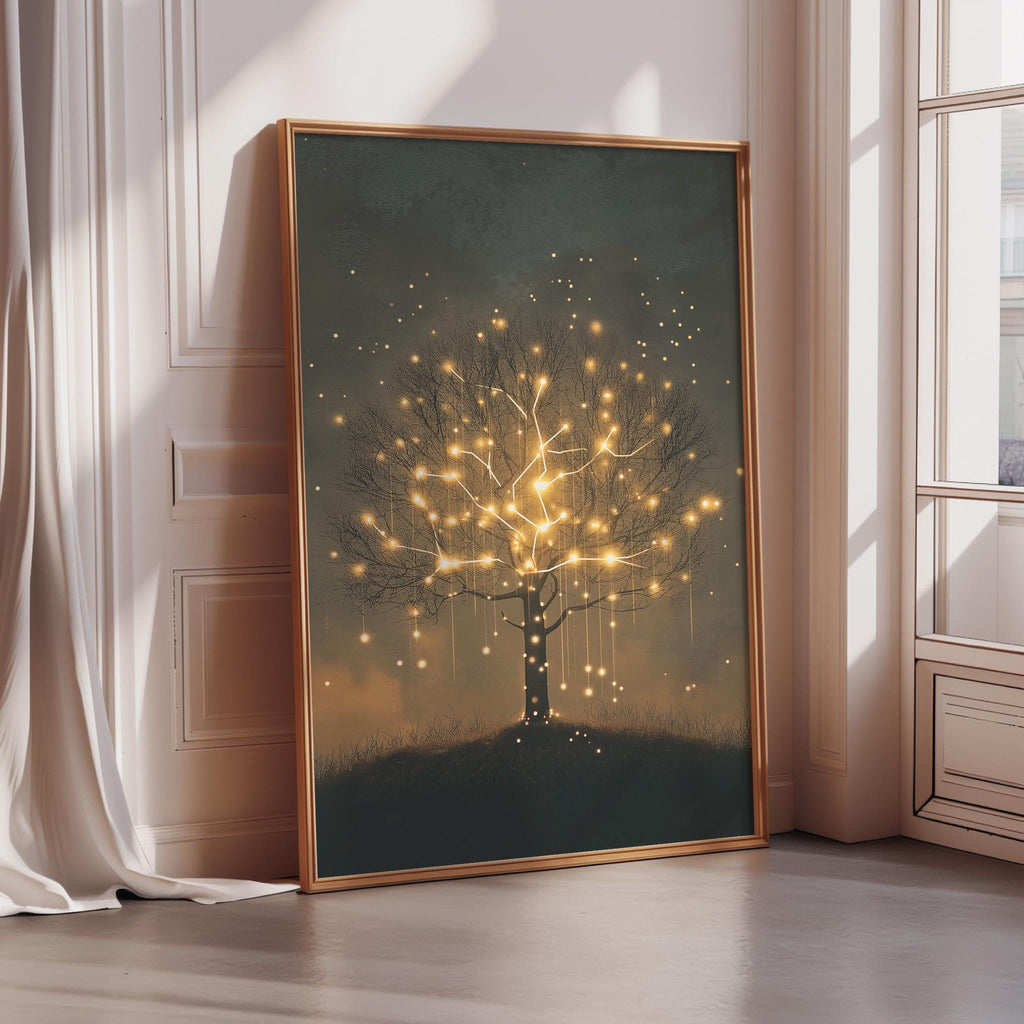 a large framed painting depicting a tree with glowing lights, creating a magical and enchanting atmosphere.