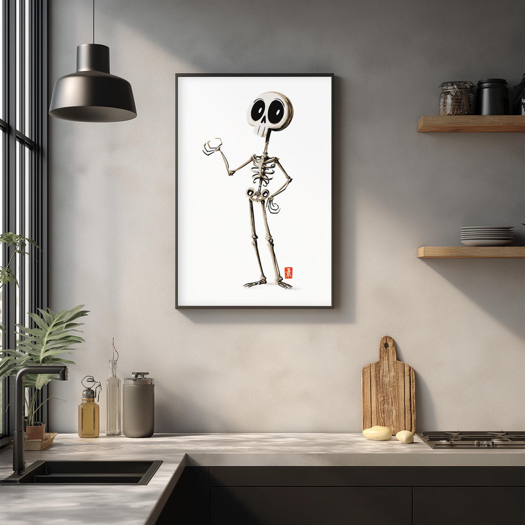 a kitchen counter with various items such as a cutting board, a soap dispenser, and a plant. Above the counter, there is a framed illustration of a skeleton with a skull-like face.