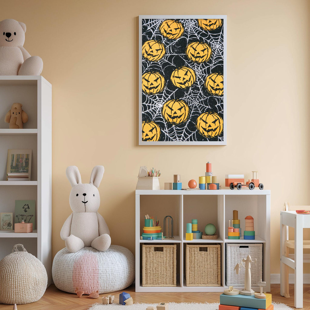 A cozy and festive children's room decorated for Halloween, featuring a large Halloween-themed poster on the wall, a teddy bear, a toy train, and a storage unit filled with toys and baskets.