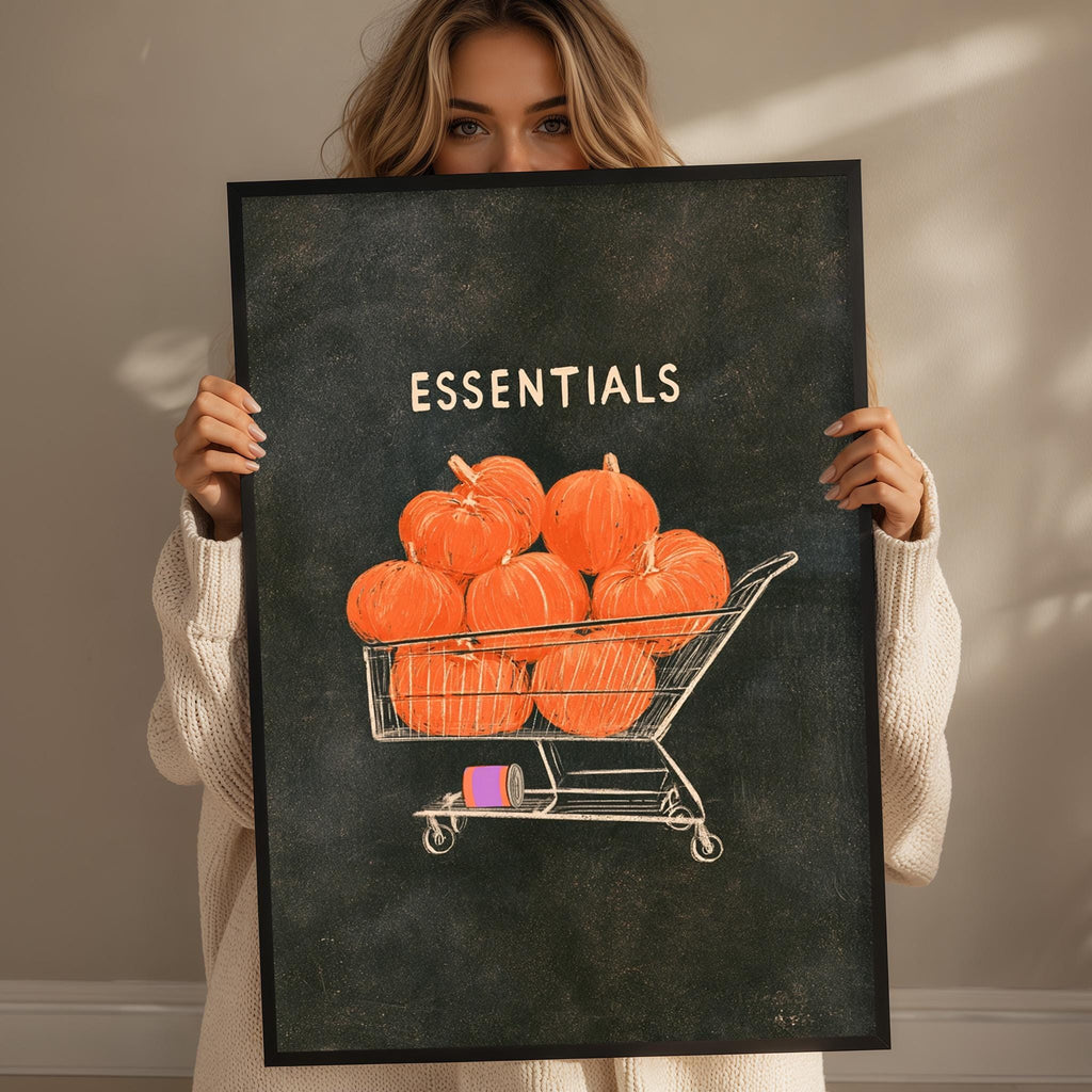 A woman holding a framed poster with a shopping cart filled with pumpkins.