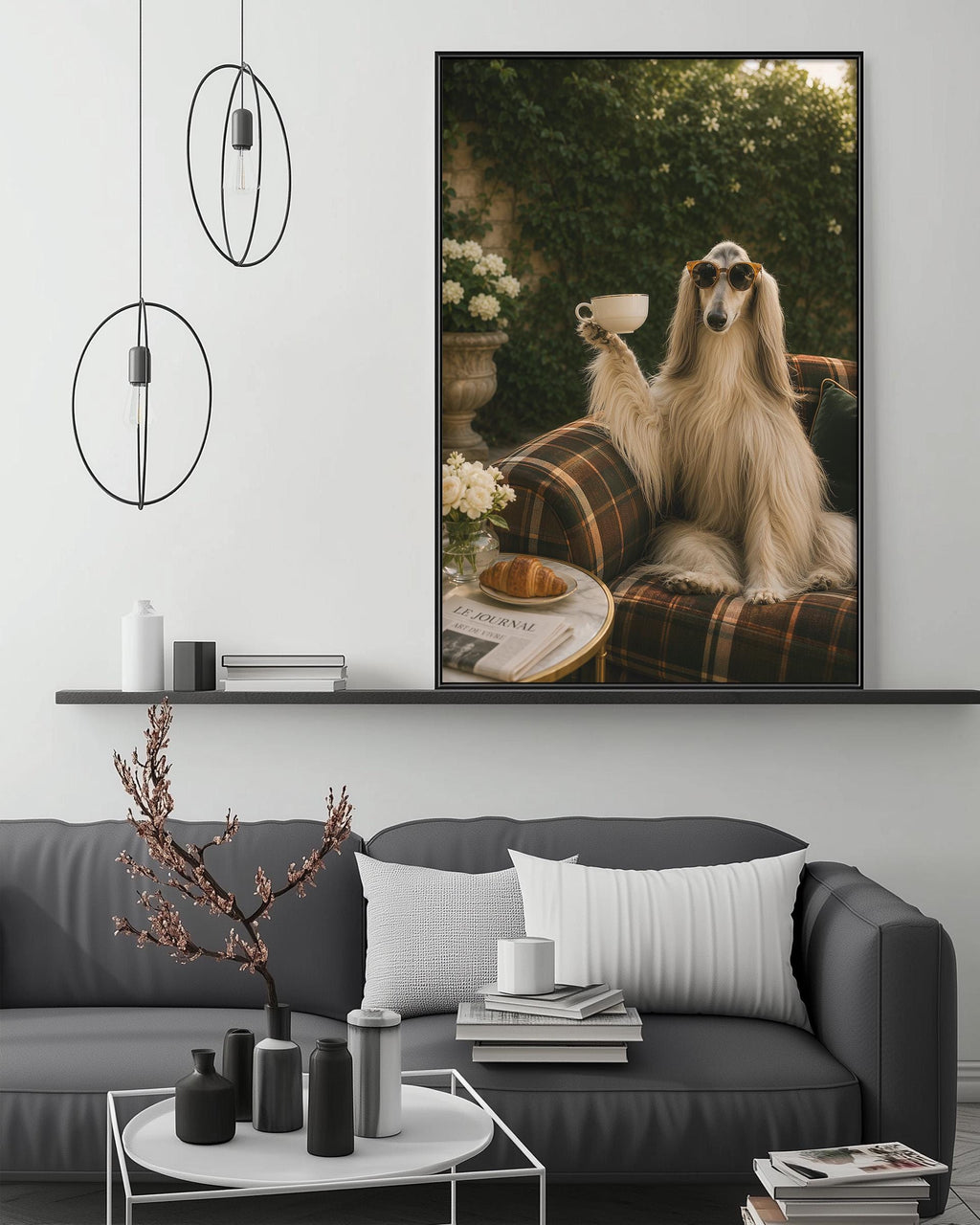 a large dog sitting on a plaid couch, holding a cup in its paws, with a potted plant and a vase nearby. The dog is surrounded by a cozy, modern living room setting with a coffee table, books, and decorative elements.
