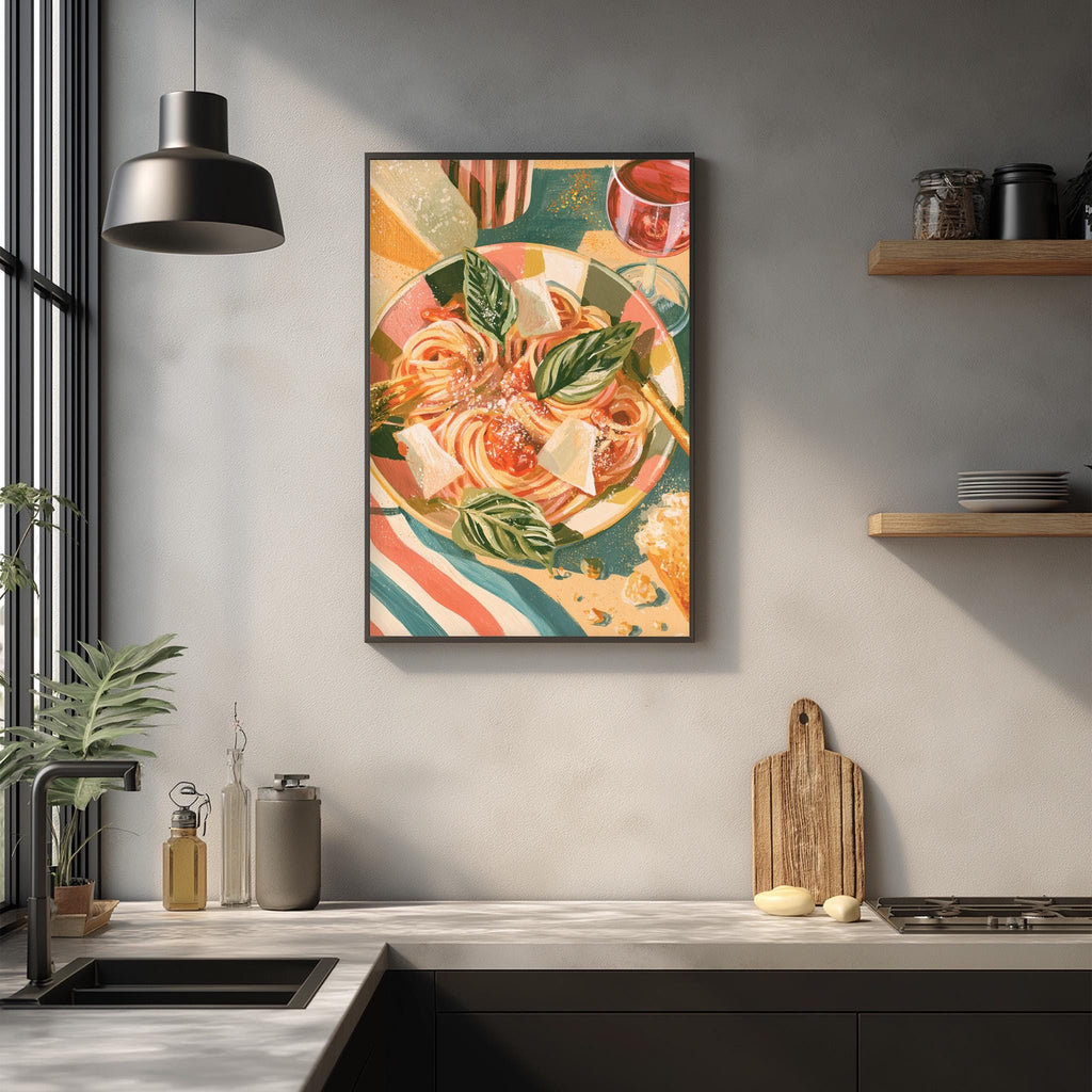 a kitchen scene with a framed painting of a colorful pasta dish hanging on the wall above a wooden cutting board and other kitchen items.
