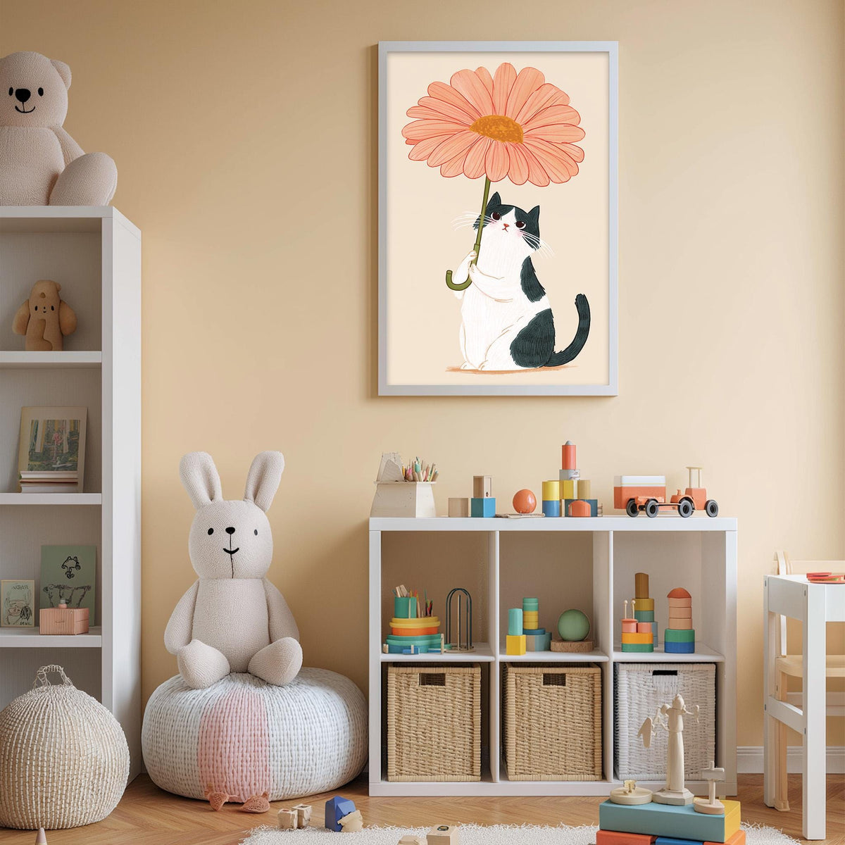 A cozy children's room with a white bookshelf, a plush rabbit, a cat, and a large pink flower on the wall.