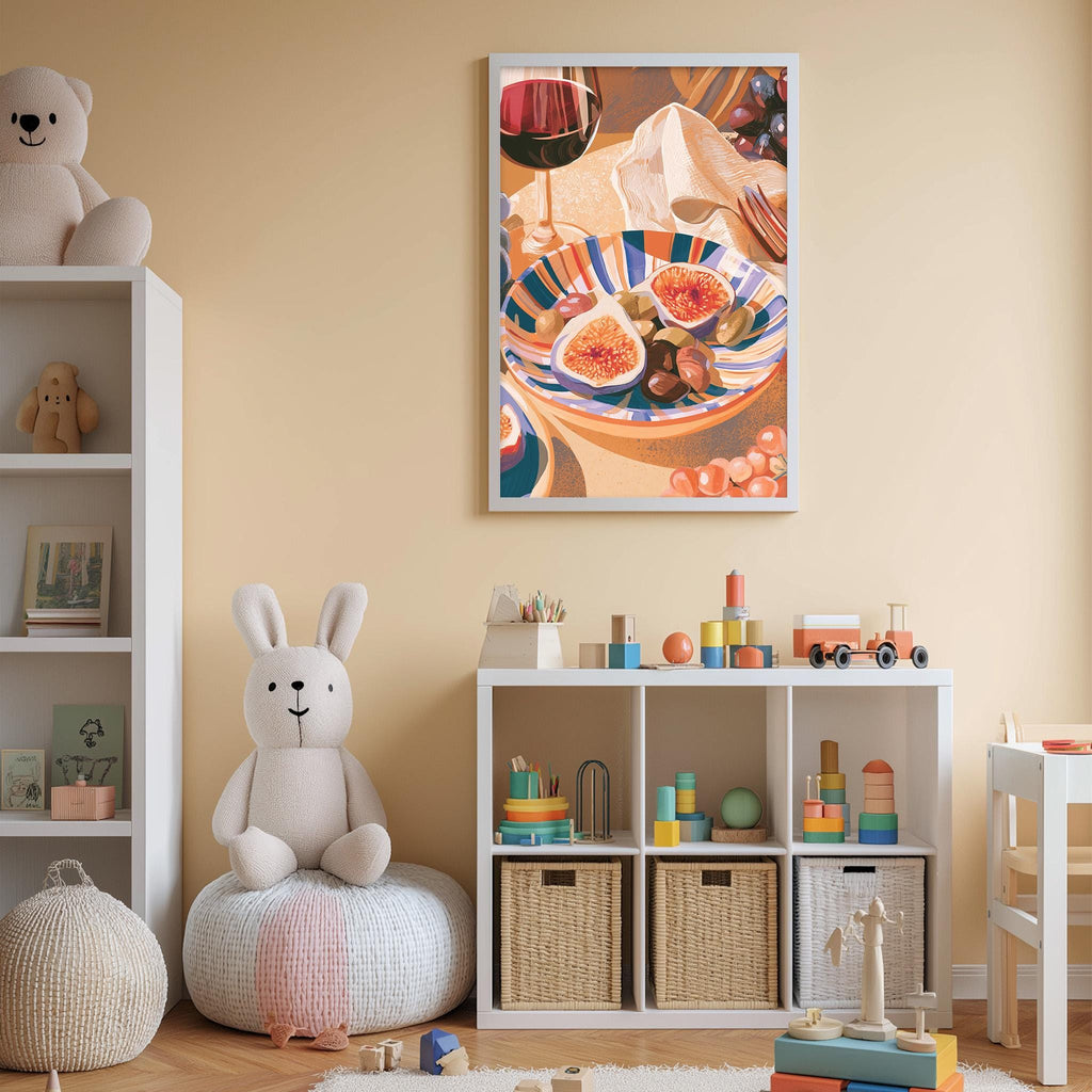 A cozy and colorful children's bedroom with a large stuffed rabbit, a bookshelf, and a toy chest filled with various toys. A framed artwork depicting a plate of fruit is hanging on the wall above the bookshelf.