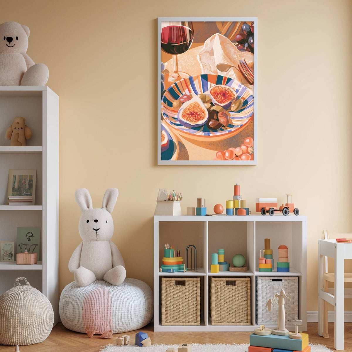 A cozy and colorful children's bedroom with a large stuffed rabbit, a bookshelf, and a toy chest filled with various toys. A framed artwork depicting a plate of fruit is hanging on the wall above the bookshelf.