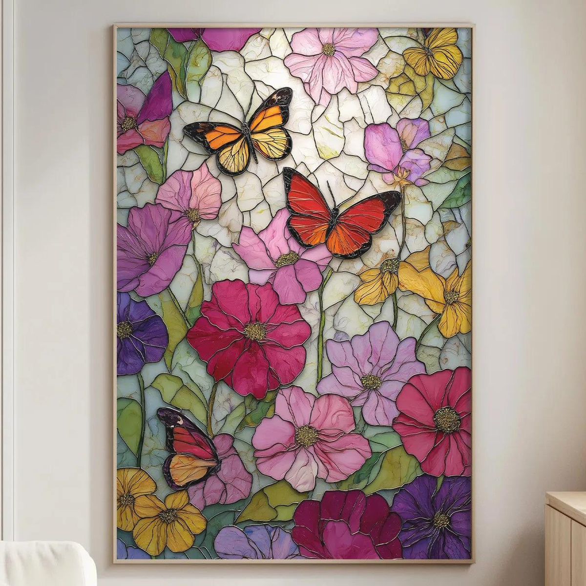 a large, colorful stained glass artwork depicting a vibrant garden scene with butterflies and flowers. The artwork is mounted on a wall in a living room setting, with a white sofa and a wooden side table nearby.