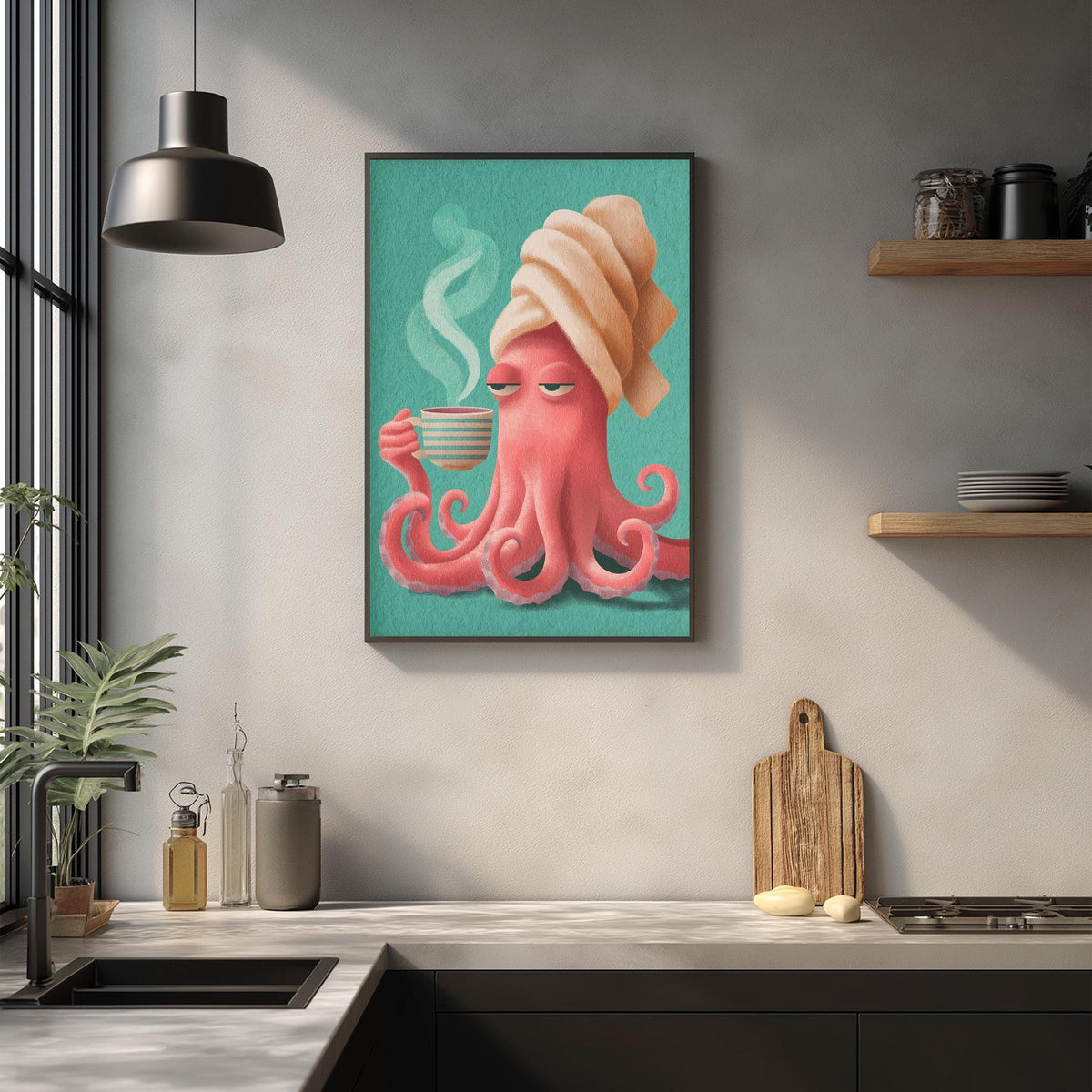a framed illustration of a pink octopus wrapped in a towel, holding a cup of coffee, with a green background.
