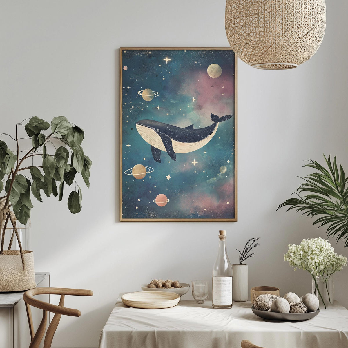 a dining table with a white tablecloth, a bowl of fruit, a bottle, and a vase with flowers. Above the table, there is a framed picture of a whale floating in a starry sky.