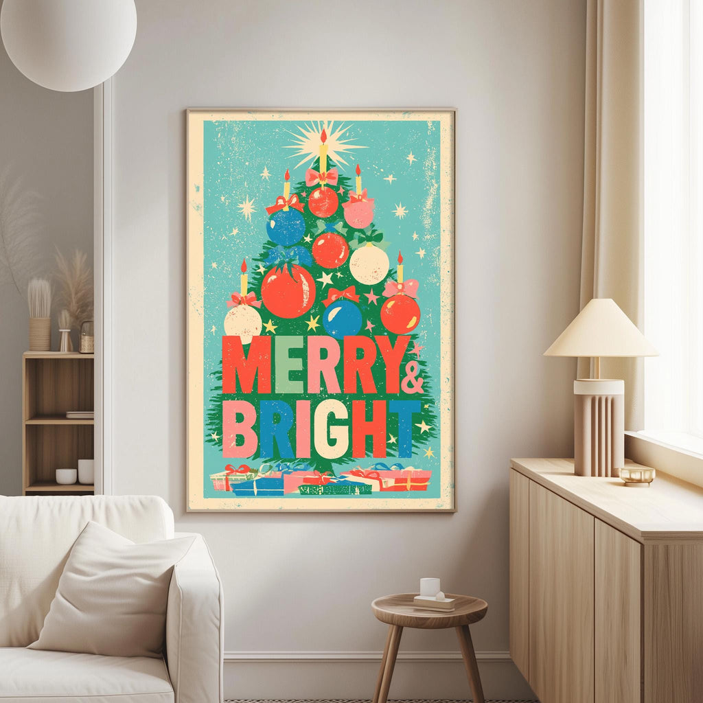 a large, colorful poster of a Christmas tree with ornaments and a message that says "MERRY & BRIGHT" displayed on the wall.