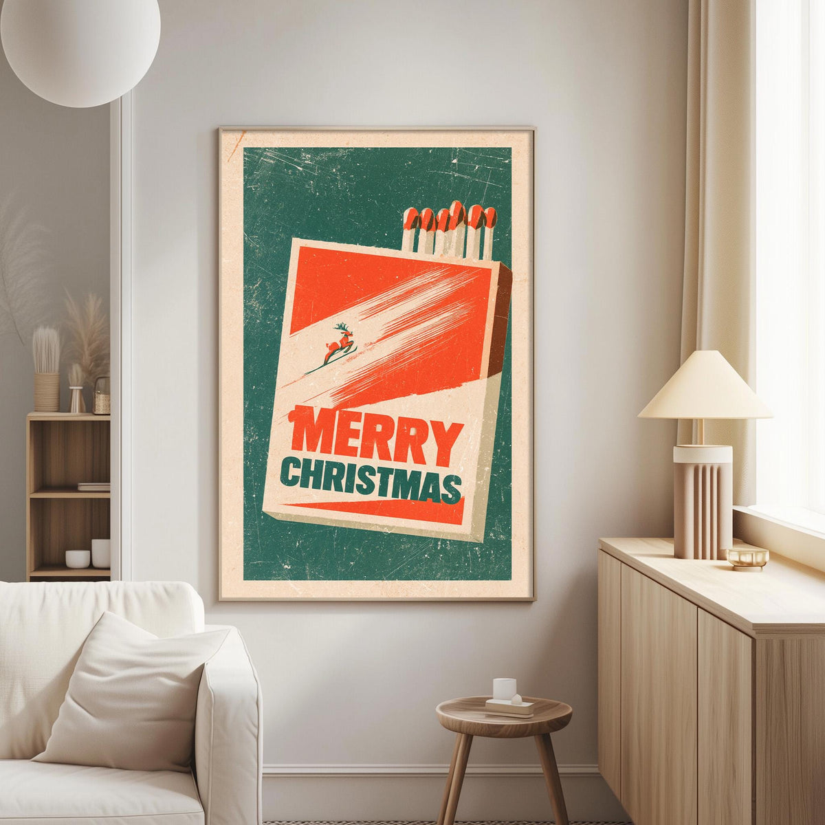 a poster with a Christmas-themed design hanging on a wall in a living room.