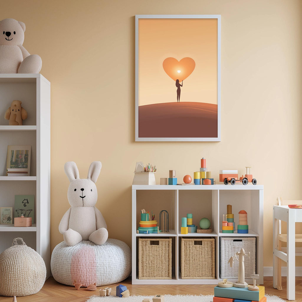 A cozy children's room with a large stuffed bunny, a bookshelf, and a toy chest filled with toys. The room has a warm, inviting atmosphere with a heart-shaped poster on the wall.