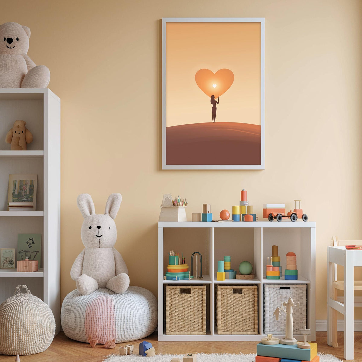 A cozy children's room with a large stuffed bunny, a bookshelf, and a toy chest filled with toys. The room has a warm, inviting atmosphere with a heart-shaped poster on the wall.