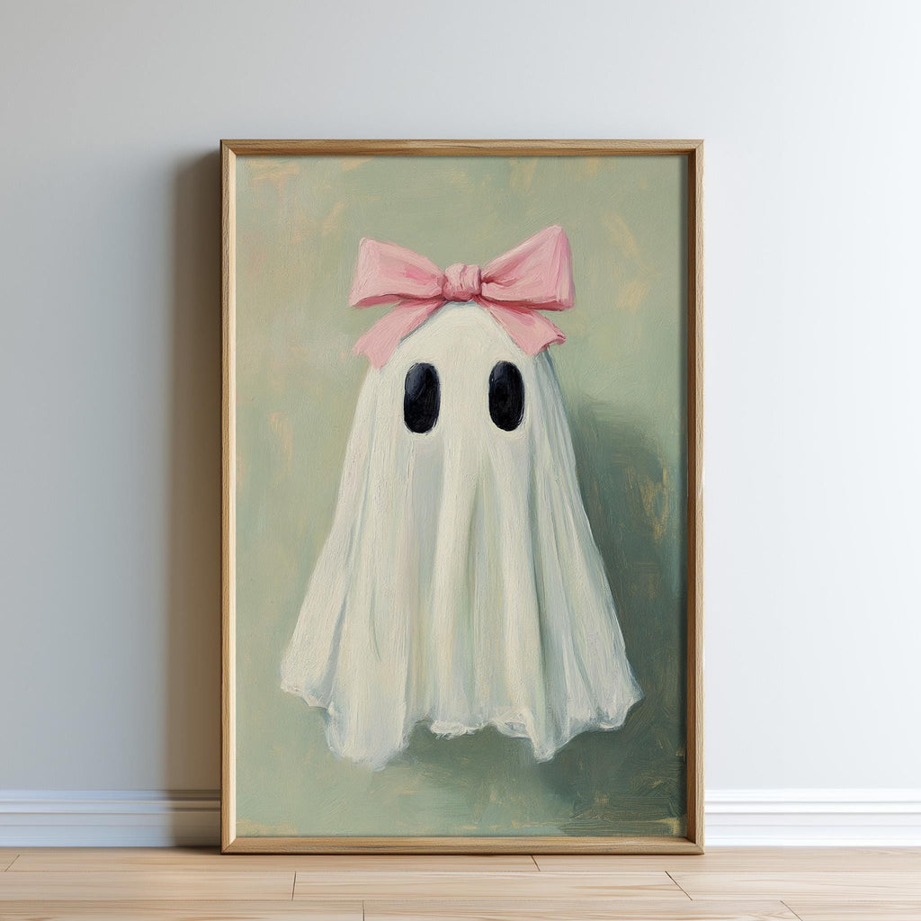 The image is a framed painting depicting a ghost with a pink bow on its head.