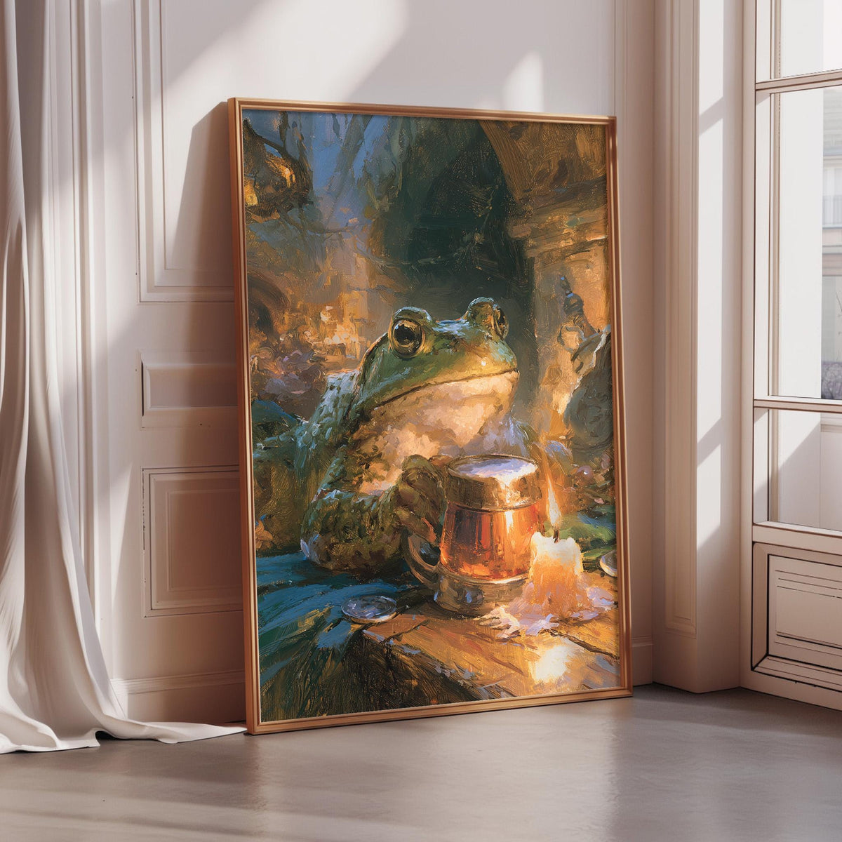 The image is a painting of a frog sitting on a table, holding a mug, with a candle in front of it.