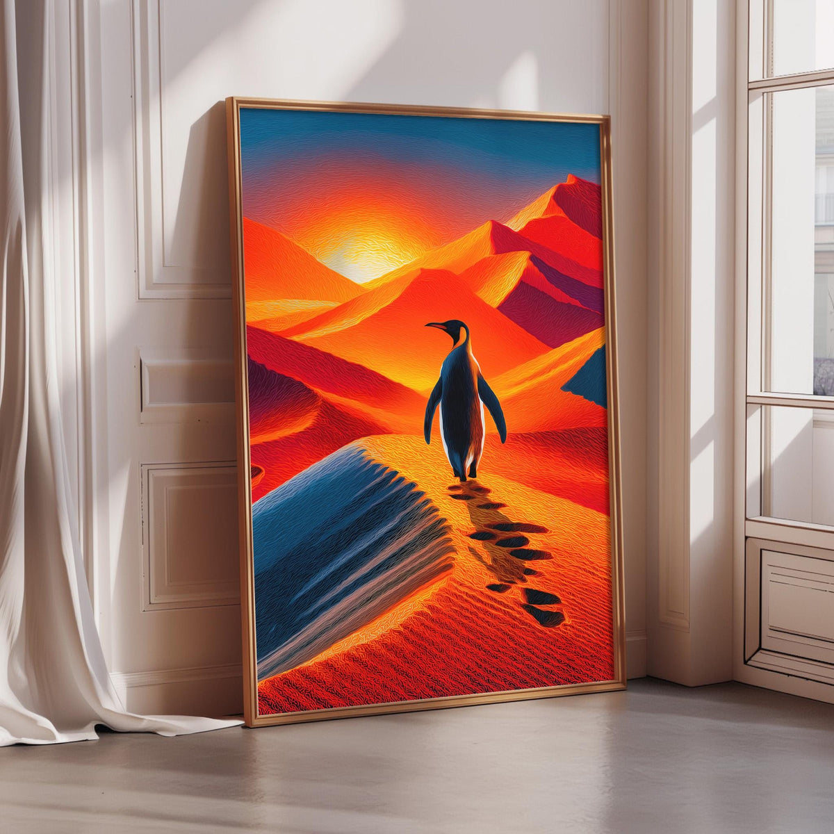 A framed painting depicting a penguin walking on a sandy beach with mountains in the background, set against a vibrant sunset sky.