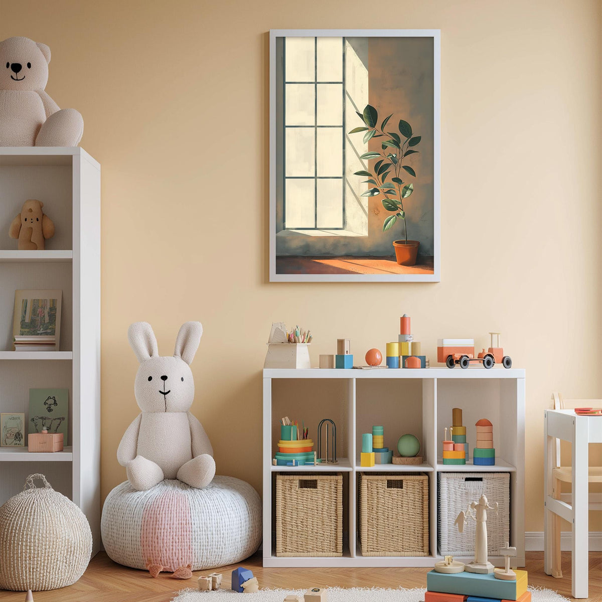 A cozy children's room with a large stuffed bunny, a bookshelf, a toy chest, and a plant in a pot. The room has a warm, inviting atmosphere with a large window providing natural light.