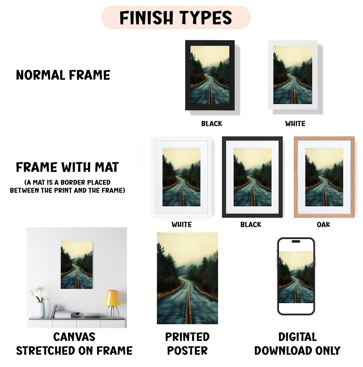 various types of artwork, including a normal frame, a frame with a mat, a white frame, a black frame, a white frame, a black frame, an oak frame, a canvas stretched on a frame, a printed poster, and a digital download only.