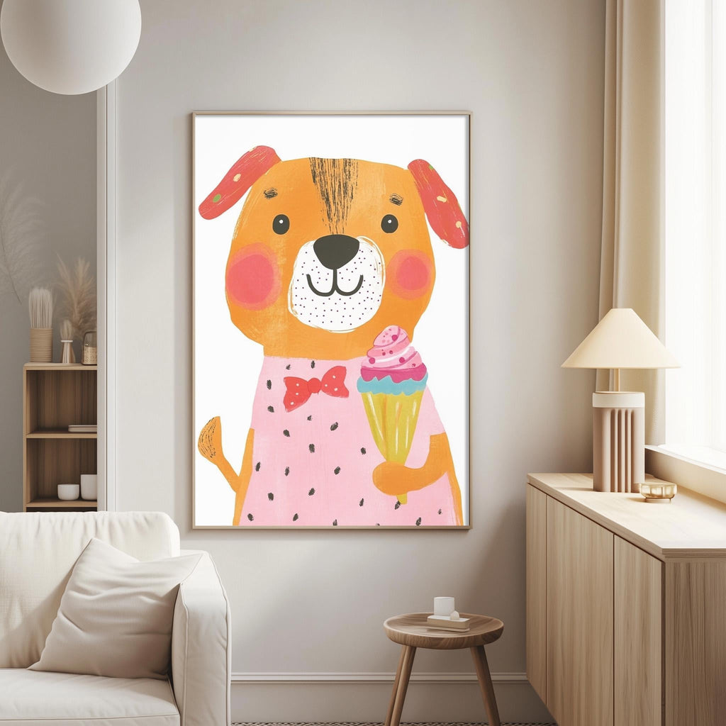 a cozy living room with a large, colorful painting of a dog holding a cupcake hanging on the wall.