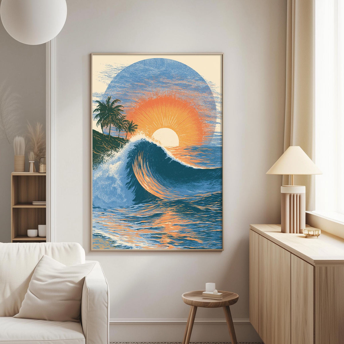 a large, colorful painting of a tropical beach scene with a crashing wave, palm trees, and a vibrant sunset.
