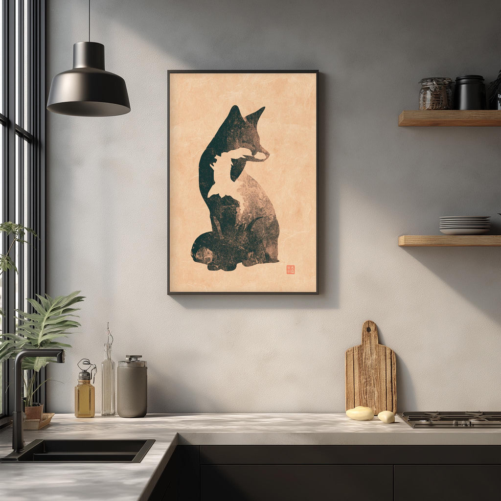 a kitchen counter with various items such as a cutting board, a plant, and a framed picture of a cat.