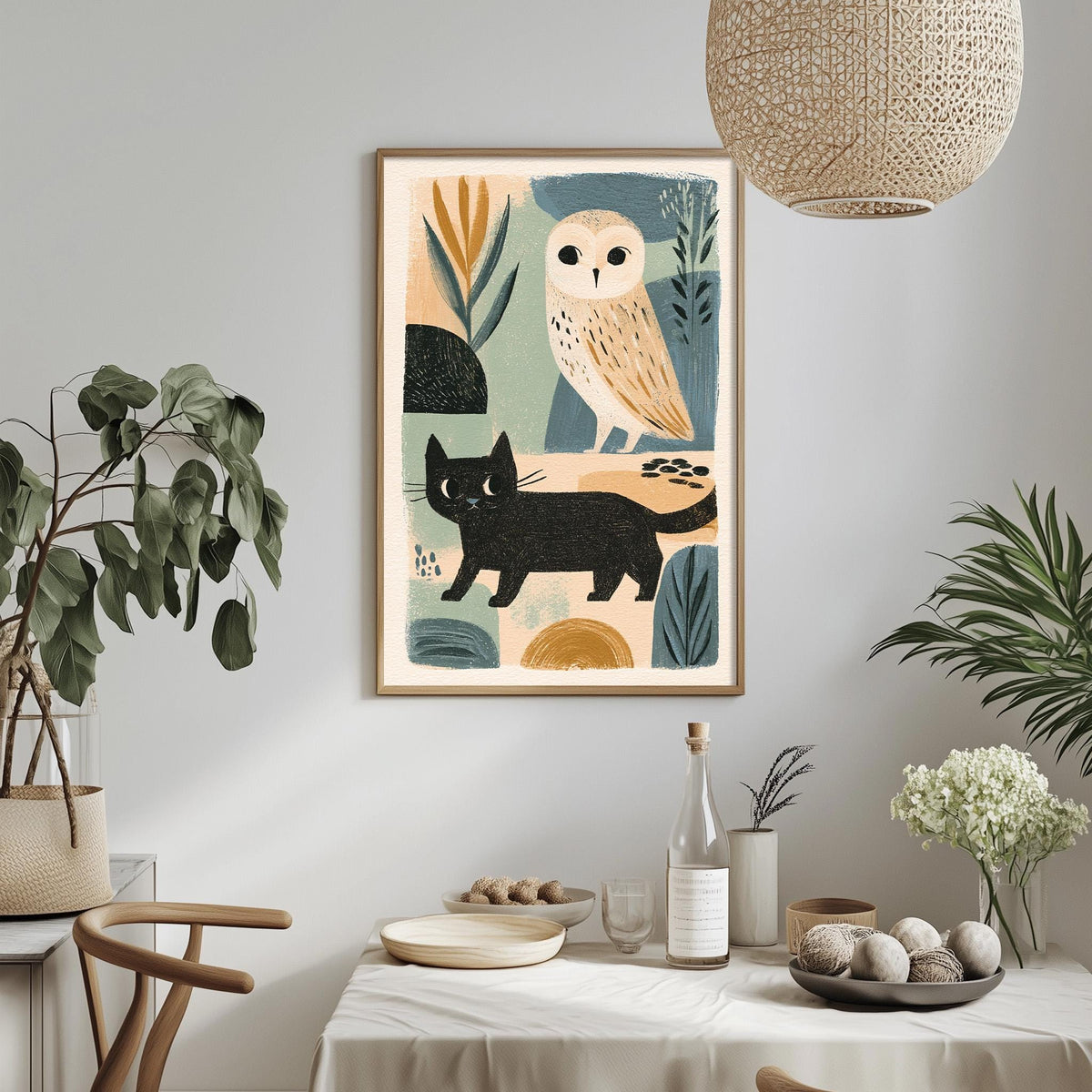a dining table with a bowl of fruit, a bottle, and a vase of flowers, along with a framed artwork of an owl and a cat hanging on the wall above the table.