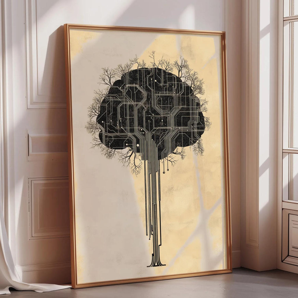 a large framed artwork depicting a stylized tree with a circuit board-like design on its trunk.