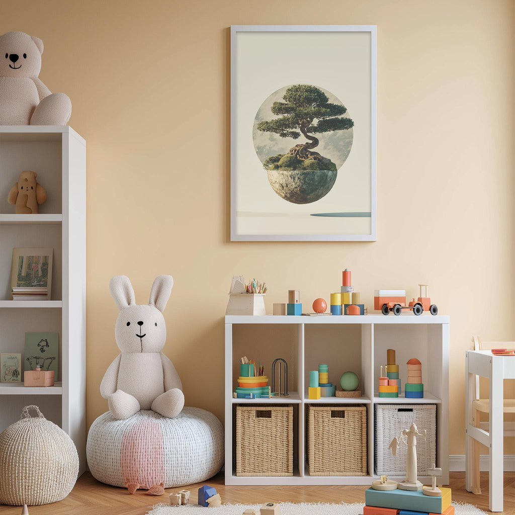 A cozy children's room with a large tree painting on the wall, a white bookshelf filled with toys, and a plush rabbit sitting on a bean bag chair.