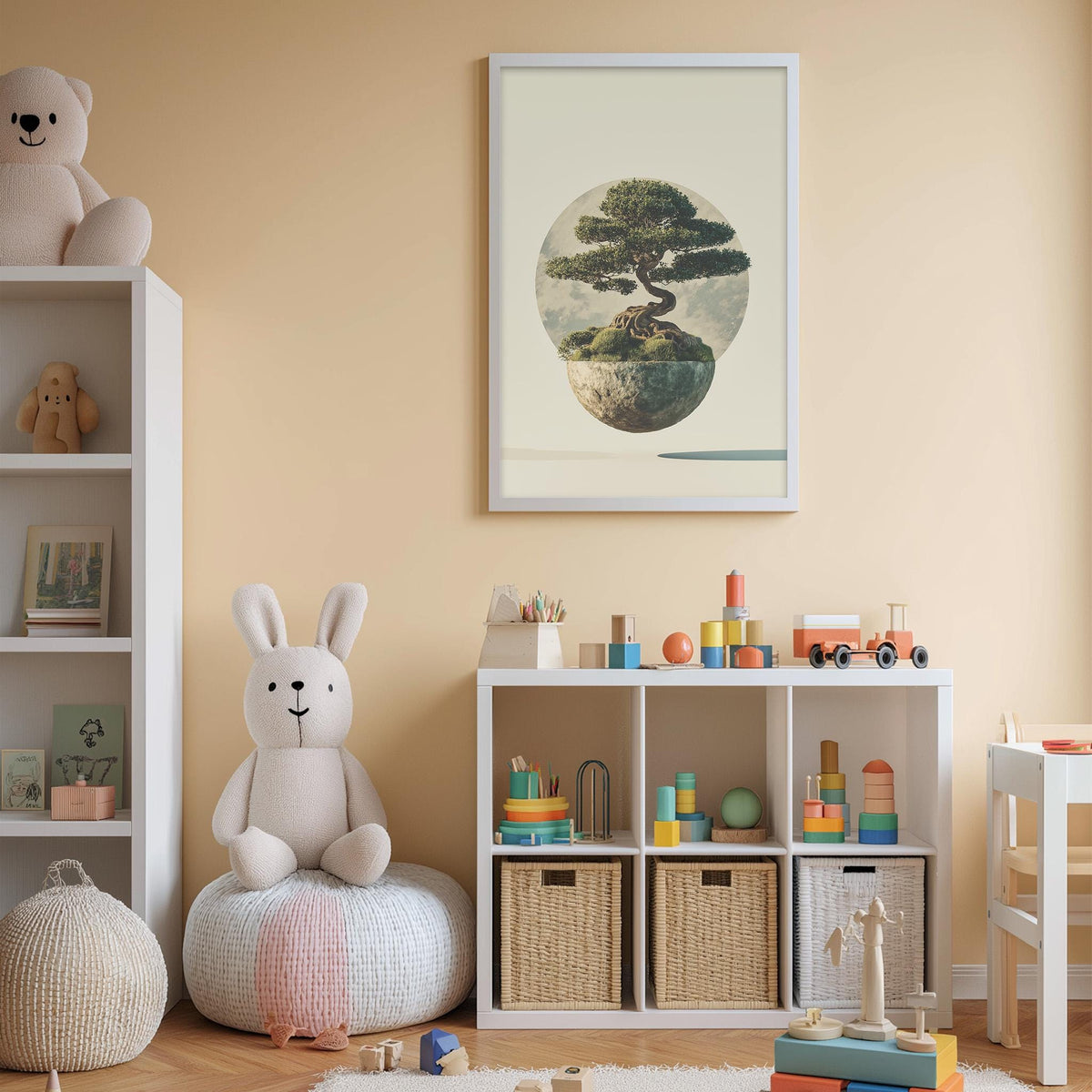 A cozy children's room with a large tree painting on the wall, a white bookshelf filled with toys, and a plush rabbit sitting on a bean bag chair.