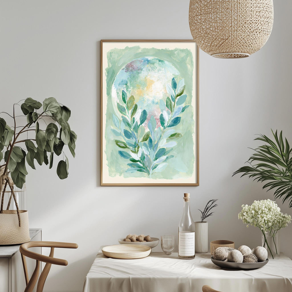 a dining table with a white tablecloth, a bowl of fruit, a bottle, and a vase with flowers. Above the table, there is a framed painting of a plant with green leaves and a white background.