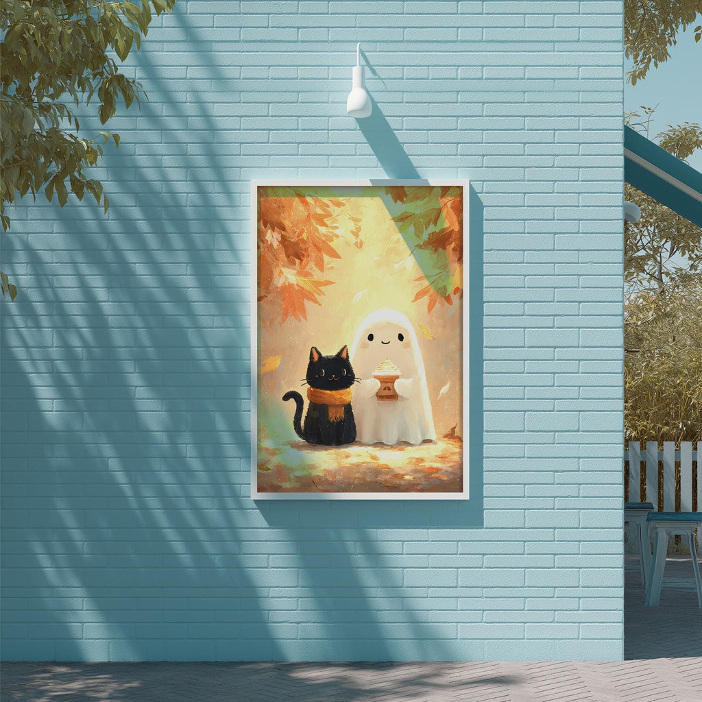 a whimsical scene of a black cat and a ghost, both sitting together on a brick wall. The cat is wearing a scarf, and the ghost is holding a cup. The background of the image is a beautiful autumn landscape with colorful leaves.