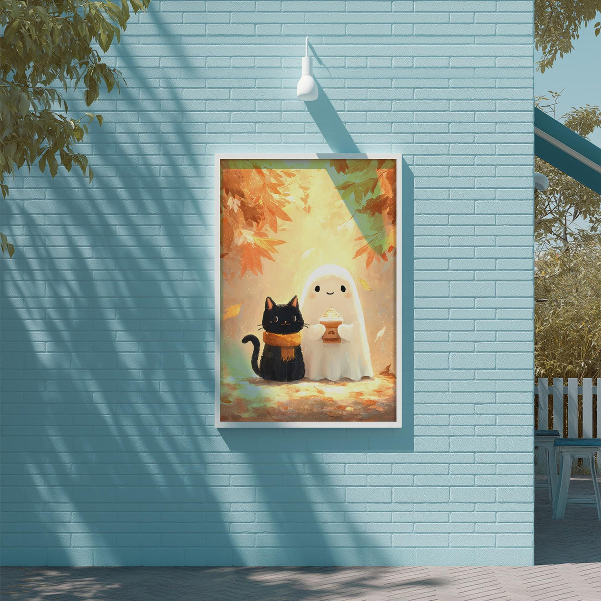 a whimsical scene of a black cat and a ghost, both sitting together on a brick wall. The cat is wearing a scarf, and the ghost is holding a cup. The background of the image is a beautiful autumn landscape with colorful leaves.