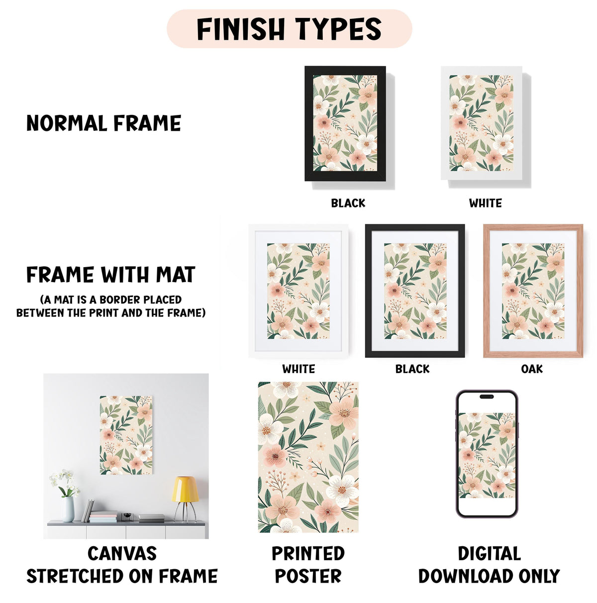 various finish types for framed artwork, including a normal frame, a frame with a mat, a white frame, a black frame, an oak frame, a white canvas stretched on a frame, a printed poster, and a digital download only.