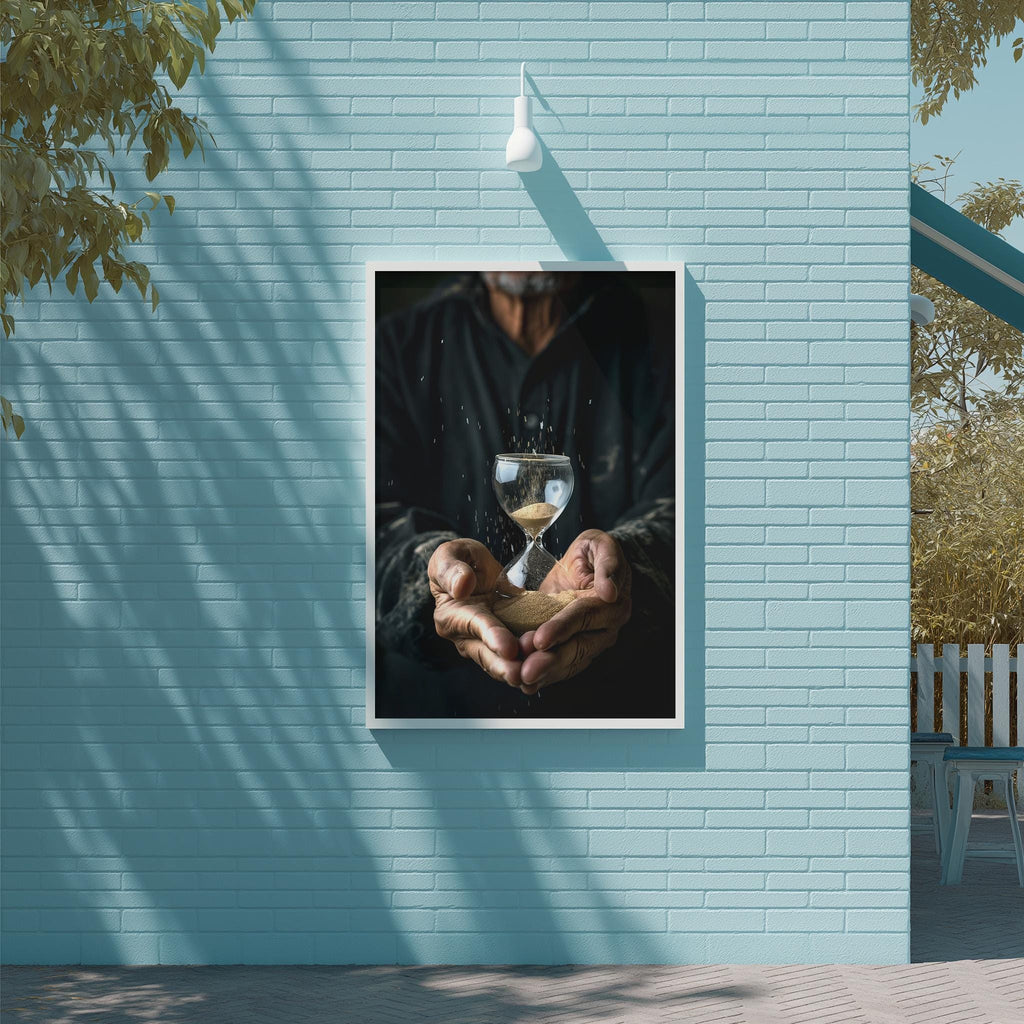 A person is holding a glass containing a liquid, which appears to be a liquid gold, in front of a blue brick wall.