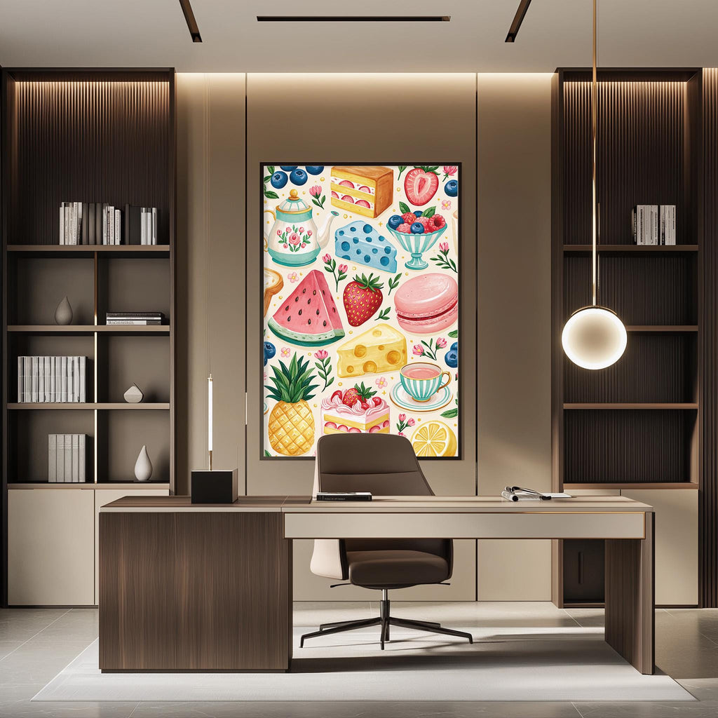 a modern office space with a large, colorful painting of various desserts hanging on the wall. The painting includes illustrations of a cake, fruit, and other sweet treats. The office has a wooden desk and chair, and there are bookshelves on either side of the desk. The overall design of the space is contemporary and visually appealing.
