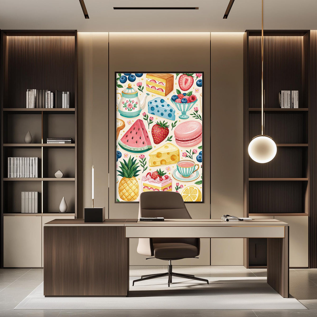 a modern office space with a large, colorful painting of various desserts hanging on the wall. The painting includes illustrations of a cake, fruit, and other sweet treats. The office has a wooden desk and chair, and there are bookshelves on either side of the desk. The overall design of the space is contemporary and visually appealing.