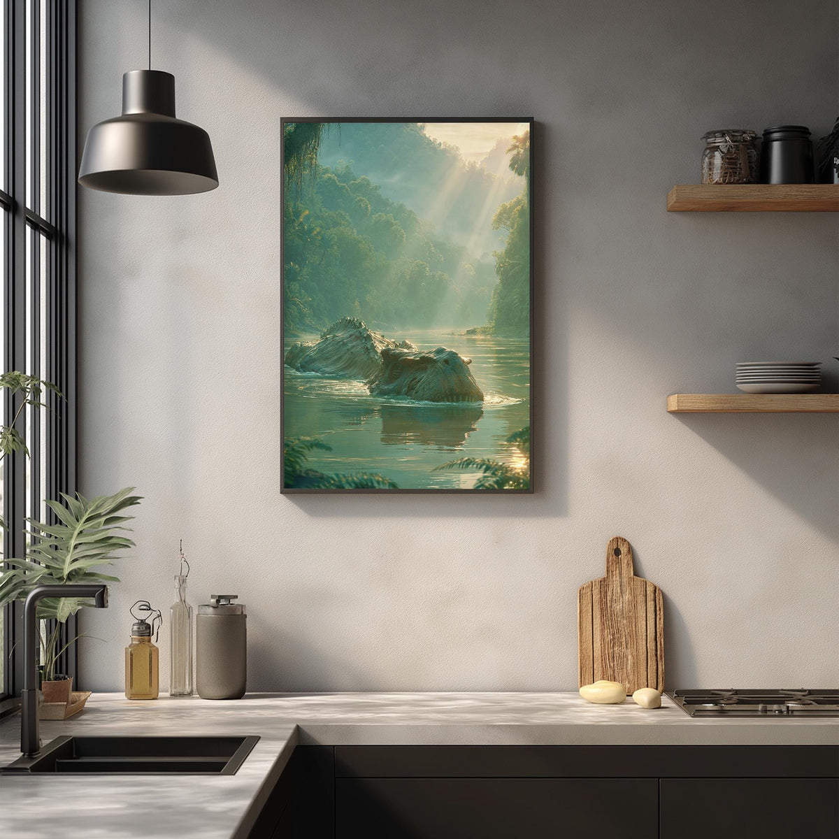 a kitchen counter with a framed landscape painting hanging above it, depicting a serene natural scene with a body of water and mountains. The kitchen counter also has various kitchen items such as a cutting board, a bottle, and a vase.