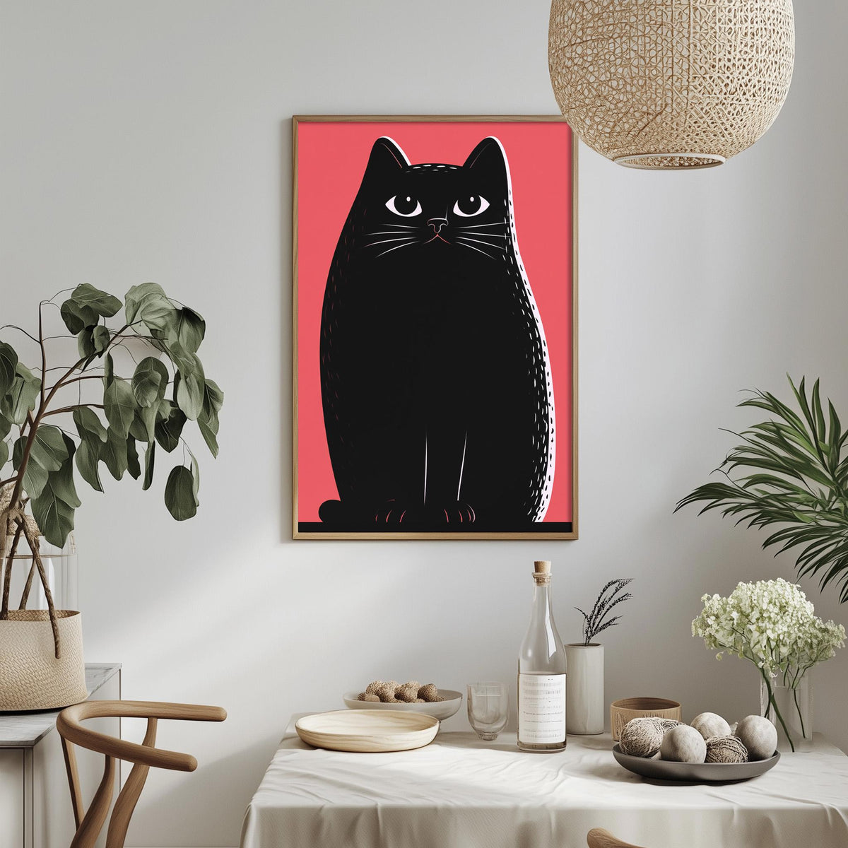 a dining table with a white tablecloth, a bowl of fruit, a bottle, and a vase with flowers. Above the table, there is a framed picture of a black cat with a pink background.