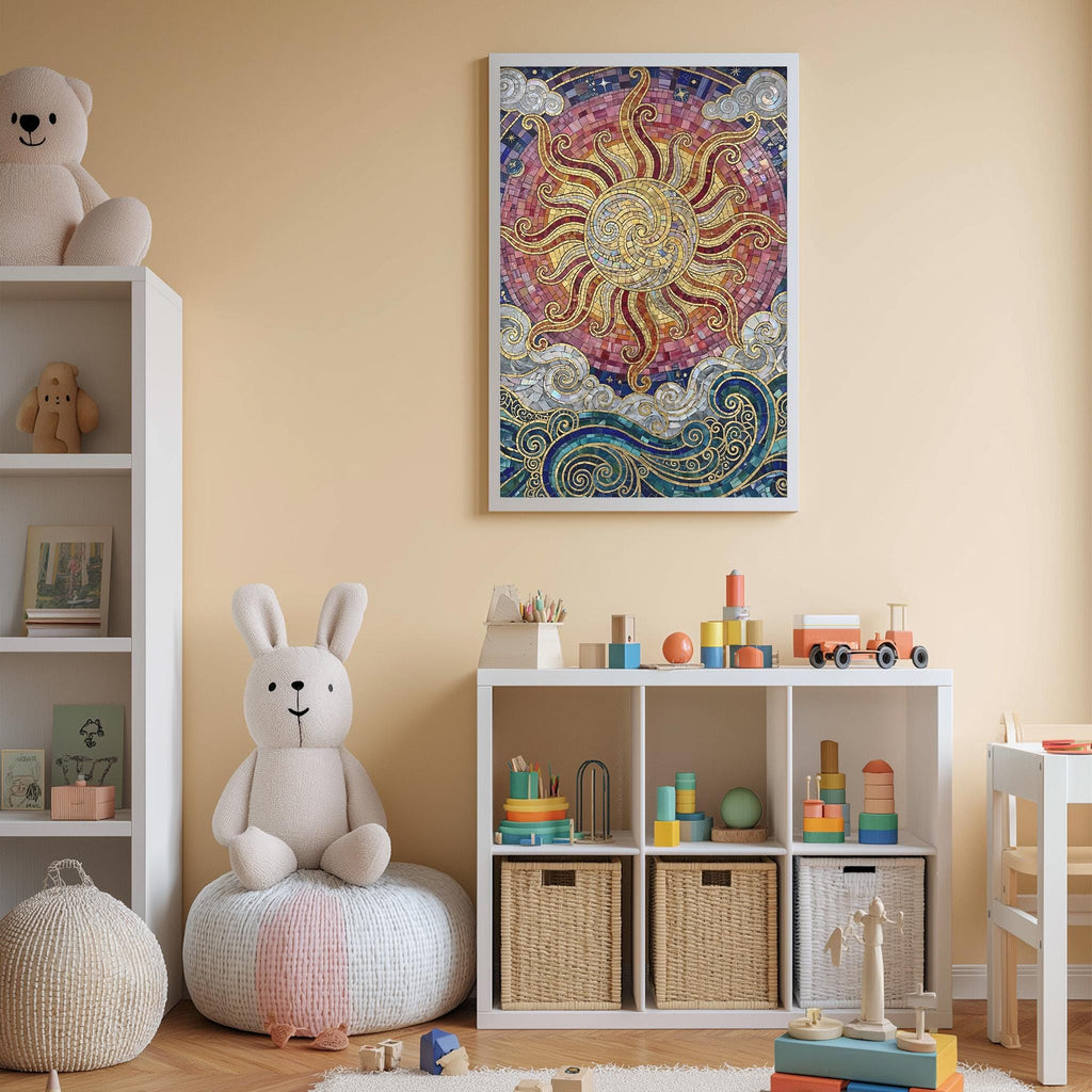 A cozy and colorful children's bedroom with a large sun-themed painting on the wall, a white bookshelf filled with toys, and a white bean bag chair.