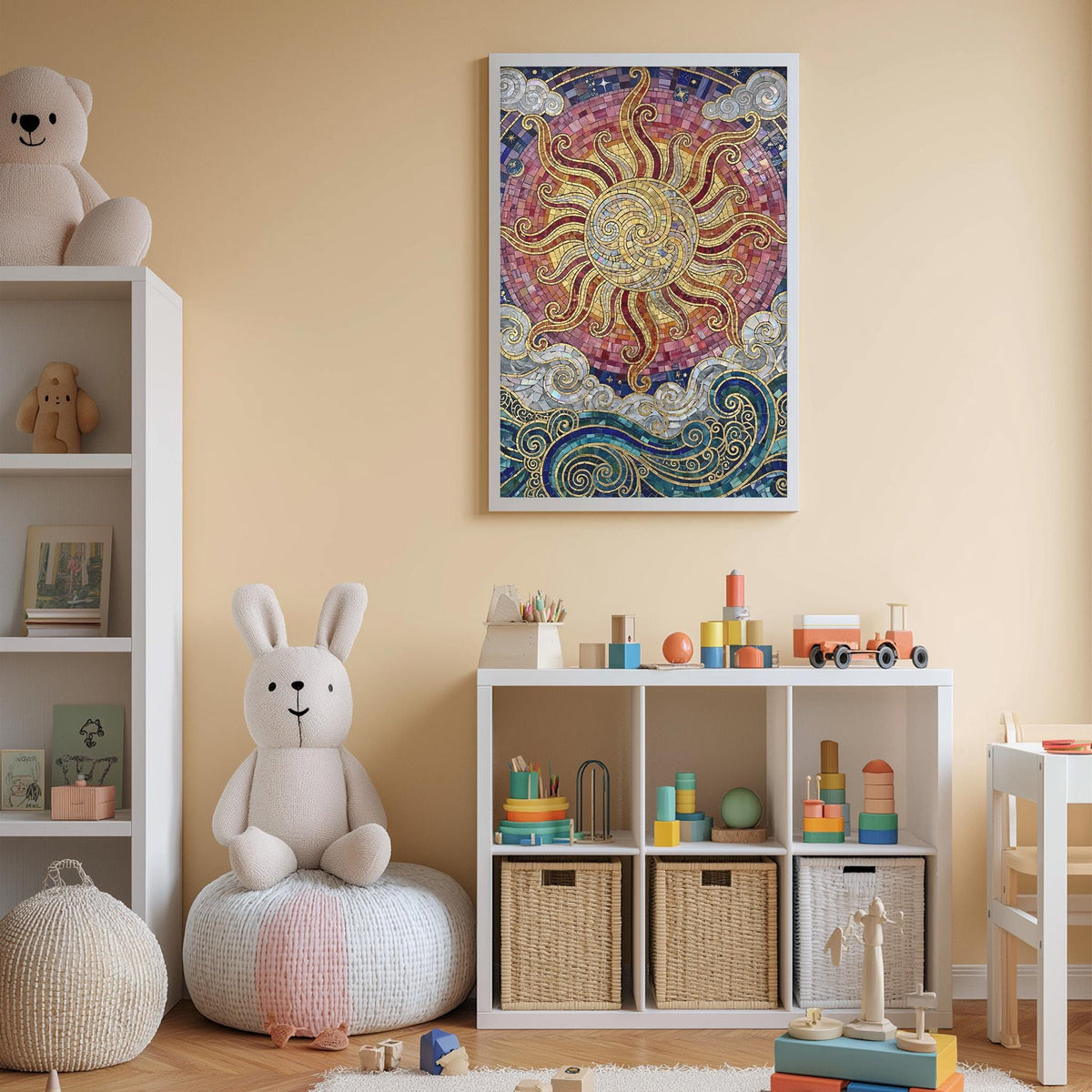 A cozy and colorful children's bedroom with a large sun-themed painting on the wall, a white bookshelf filled with toys, and a white bean bag chair.