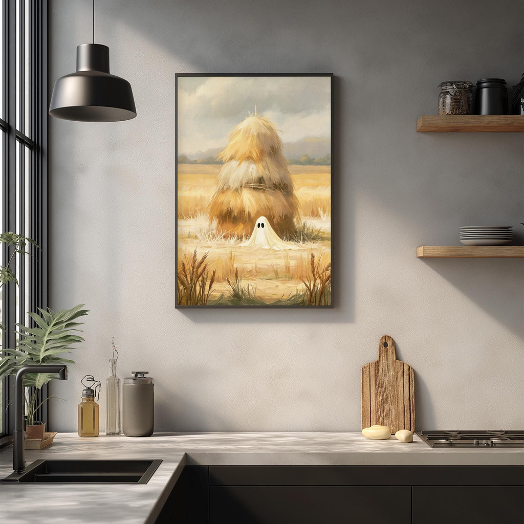 a kitchen counter with various kitchen items, including a wooden cutting board, a bottle, and a vase. Above the counter, there is a framed painting depicting a ghost in a field with a hay bale.
