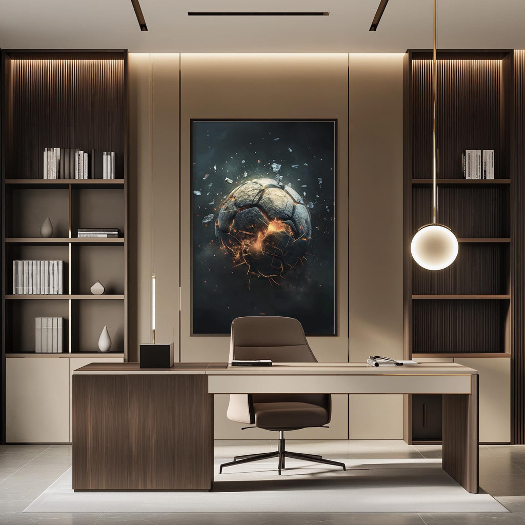 a modern and stylish office space with a large abstract painting of a planet or globe in the background, surrounded by flames or fire, creating a dramatic and fiery atmosphere. The office features a wooden desk with a chair, a bookshelf, and a pendant light, contributing to the overall contemporary and sophisticated design.