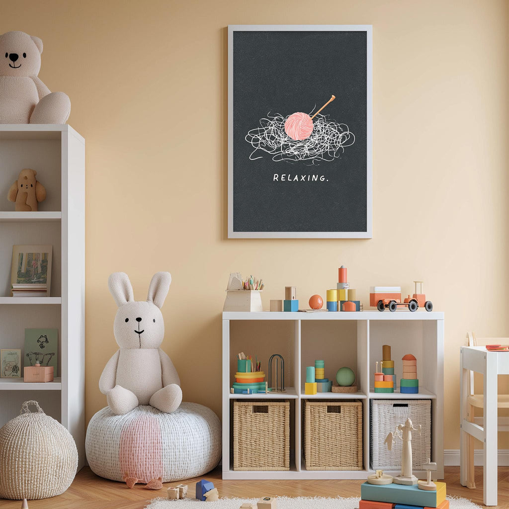 A cozy children's room with a teddy bear, a shelf with toys, and a framed poster on the wall that says "Relaxing."