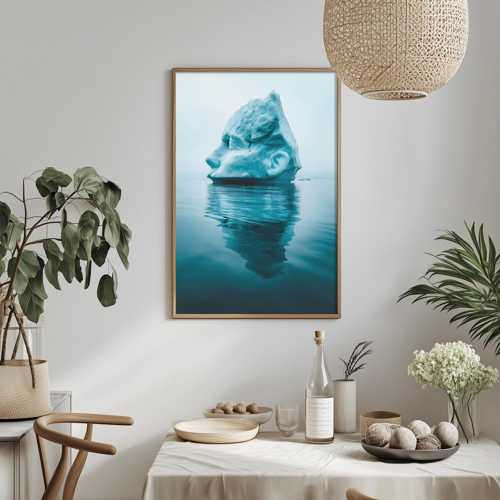 a large framed picture of an iceberg floating in the ocean, with a dining table and chairs in the foreground.