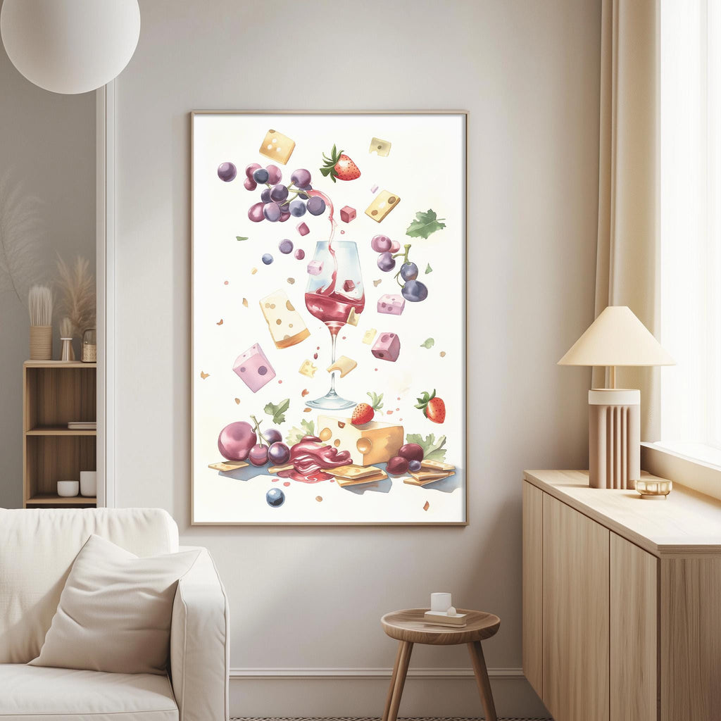a large, colorful painting of various food items, including grapes, cheese, and a wine glass, hanging on a wall in a living room.