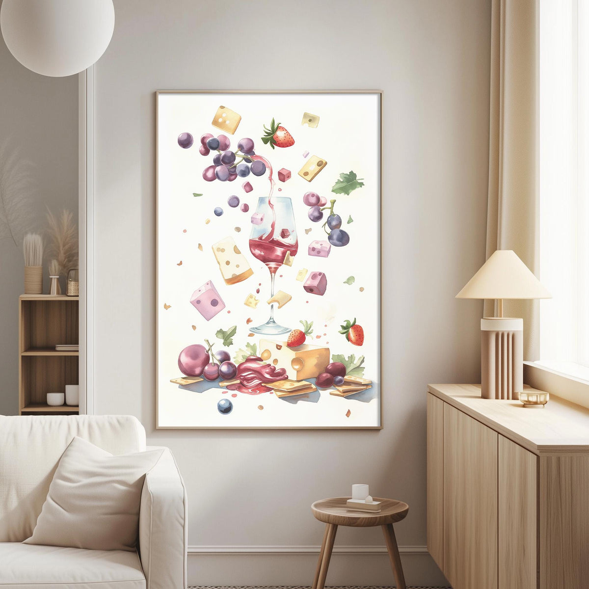 a large, colorful painting of various food items, including grapes, cheese, and a wine glass, hanging on a wall in a living room.
