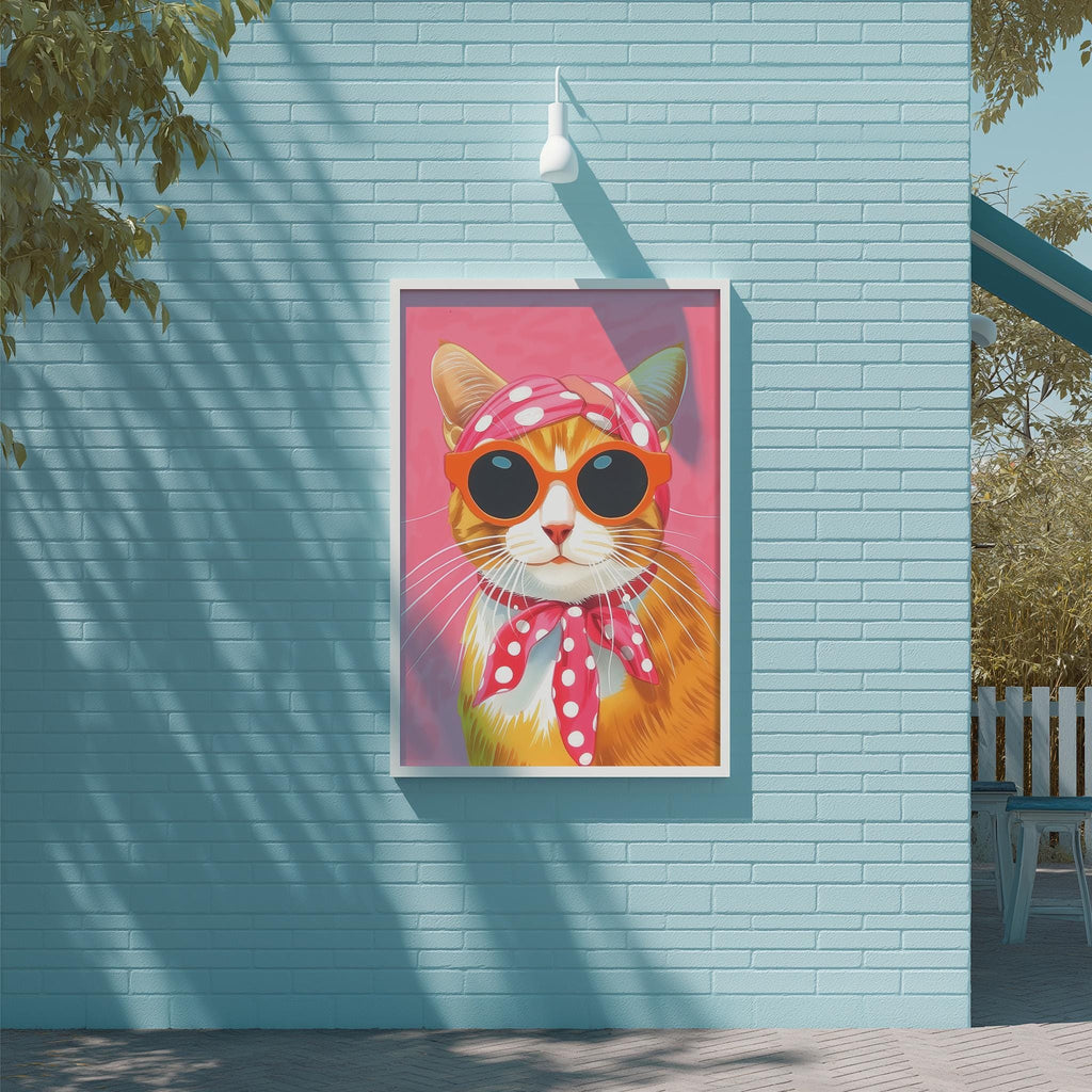 A framed illustration of a cat wearing sunglasses and a pink bandana is displayed on a blue wall.