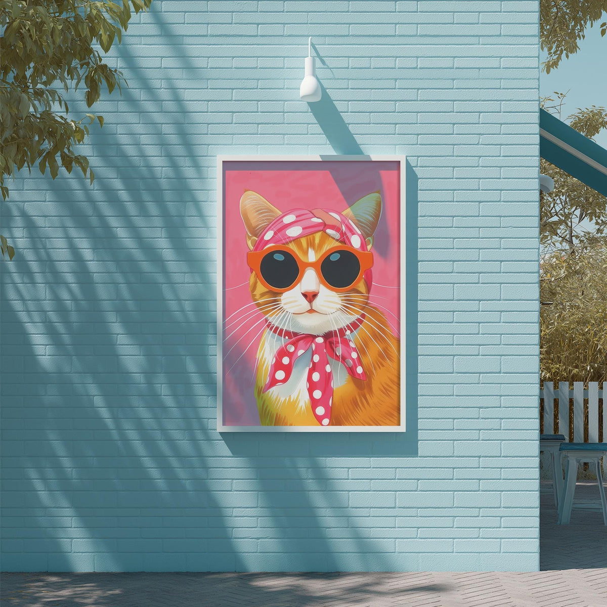 A framed illustration of a cat wearing sunglasses and a pink bandana is displayed on a blue wall.
