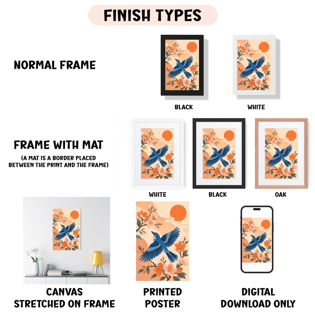 various types of artwork, including a canvas stretched on a frame, a framed poster, and a digital poster. The artwork features a blue bird in flight against an orange background, with a sun and flowers. The artwork is presented in different frame colors, such as white, black, and oak. The image also includes text that provides information about the finish types of the artwork, such as "NORMAL FRAME" and "FRAME WITH MAT (A MAT IS A BORDER PLACED BETWEEN THE PRINT AND THE FRAME)".