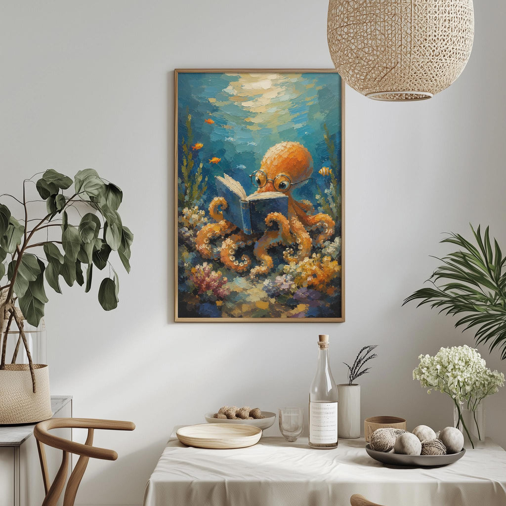 a painting of an orange octopus reading a book underwater, surrounded by colorful coral and plants, hanging on a white wall above a table with a vase of white flowers and a bottle of wine.